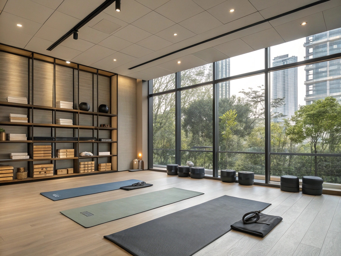 Yogaklassrum med matta och utrustning